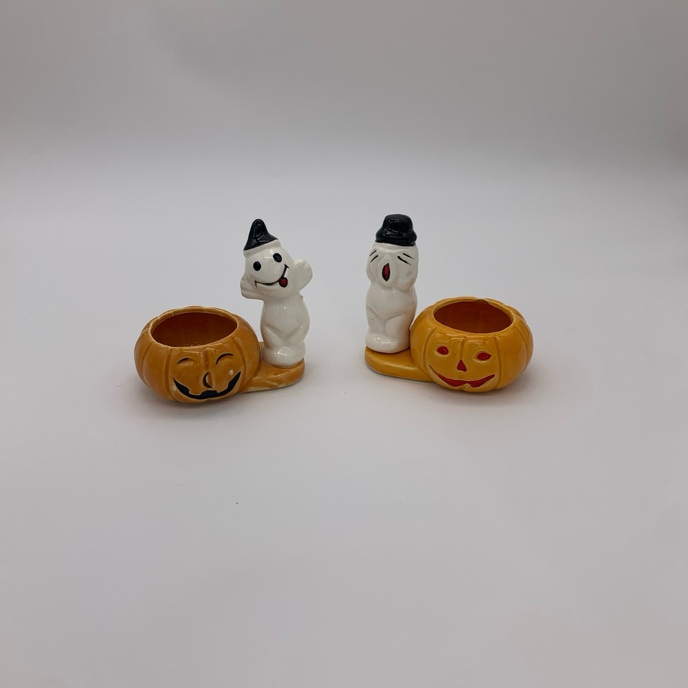 Vintage Retro 1988 Ceramic Pumpkin & Ghost Succulent Tealight Candle Holders Set - Picture 3 of 14